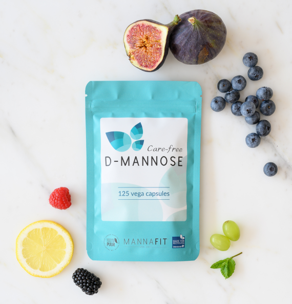 MannaFit Care-free D-mannose capsules bovenaanzicht met fruit